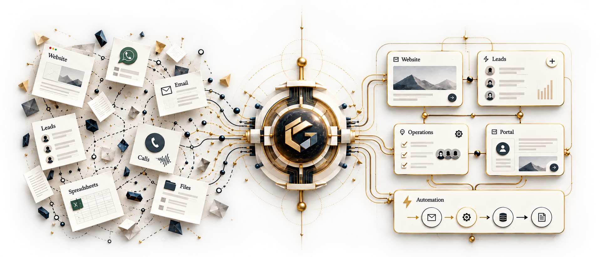 Fragmented business tools flowing through Gigatik into one connected operating system