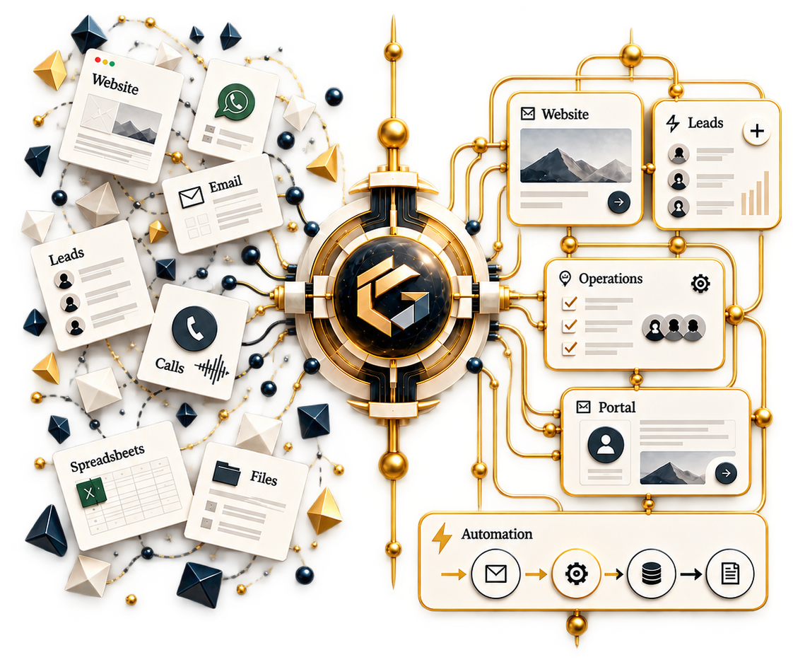 Gigatik connects scattered tools like website, leads, calls, email, files and spreadsheets into one connected operating system.