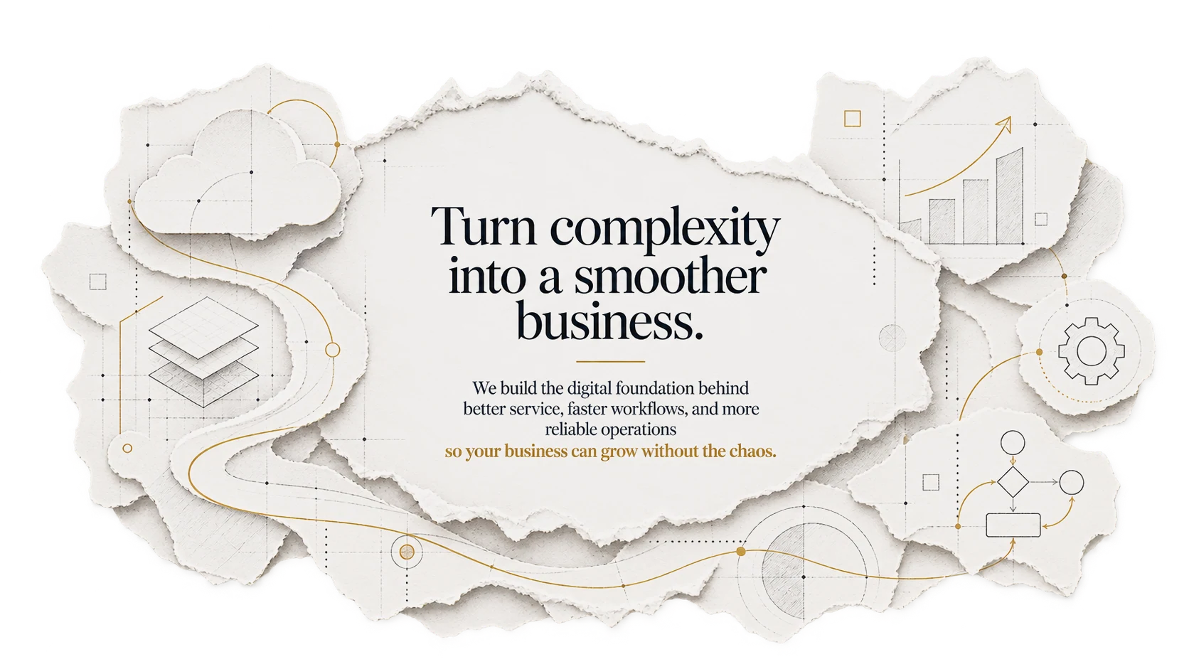 Paper-cut illustration showing torn paper layers and the message: Turn complexity into a smoother business.